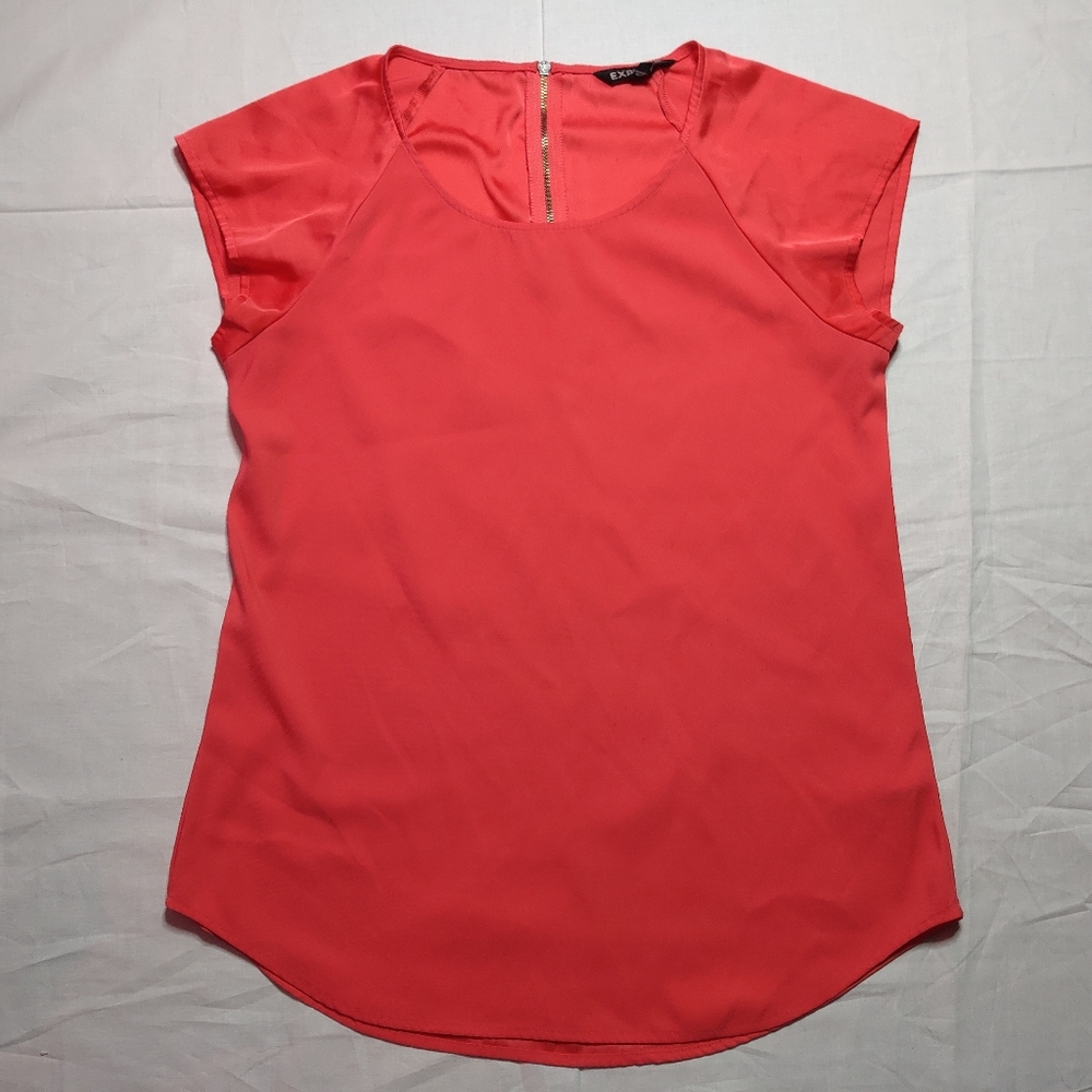 Express Shirt Women's Small Pink Silky Top Short Sleeve Round Neck Zipper Blouse